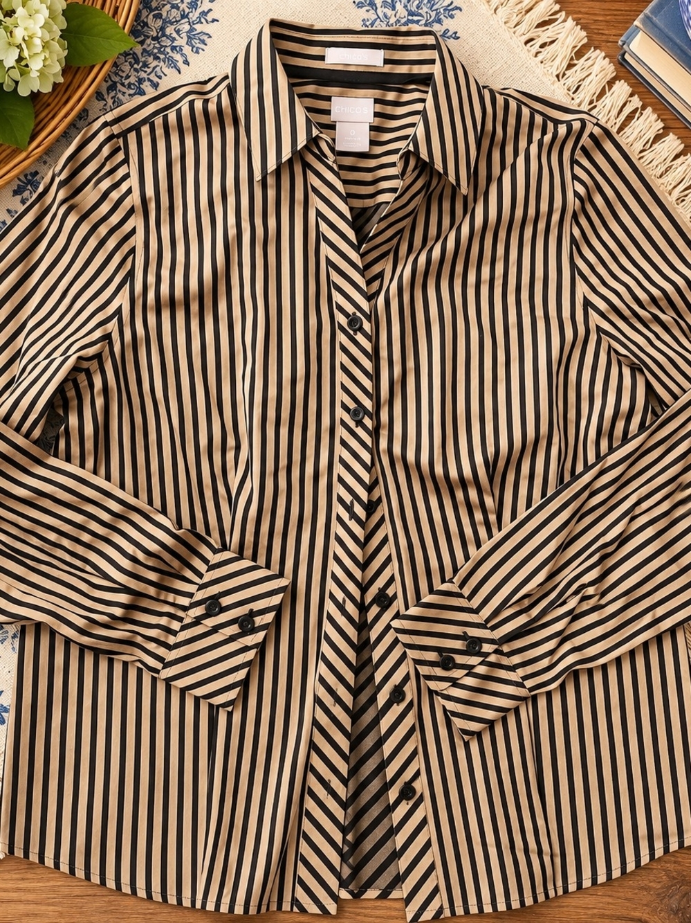 Chico's Non-iron Black and Tan Striped Button-Down Shirt Career Stretch US 4/6